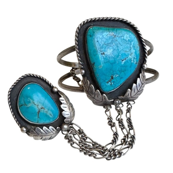 Vintage Native American Turquoise & Sterling Silver Slave Bracelet - Picture 1 of 8